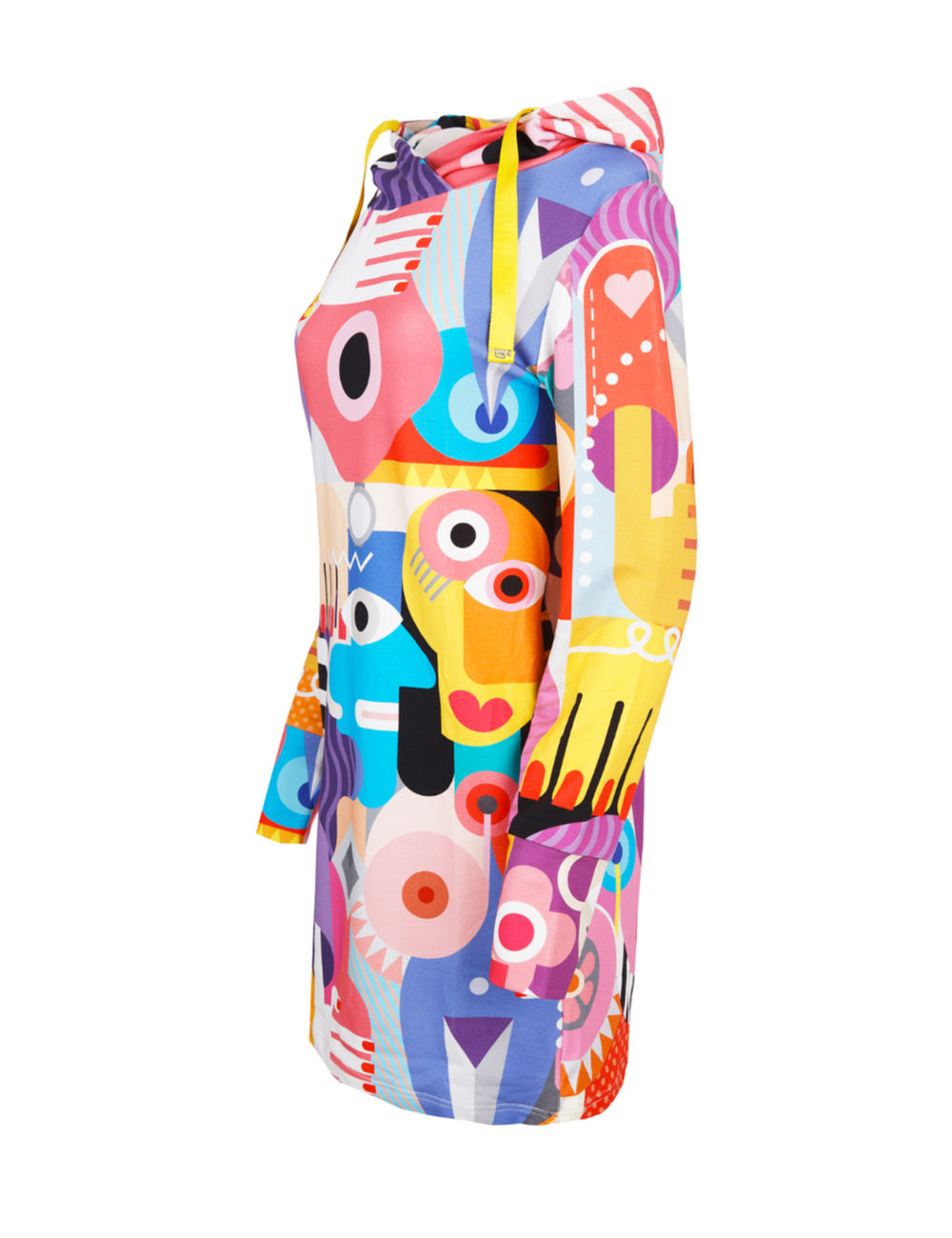 Sukienka z kapturem i długimi rękawami w kolorowy wzór kubistyczny.