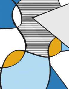 Geometryczny, pastelowy wzór pełen przenikających się łagodnych błękitnych, granatowych, białych, szarych i pomarańczowych kształtów.