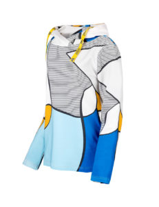 Kolorowa bluza z kapturem firmy Funaticos w abstrakcyjne geometryczne wzory. Bluza utrzymana w pastelowych, błękitno-niebiesko-biało-szarych kolorach.