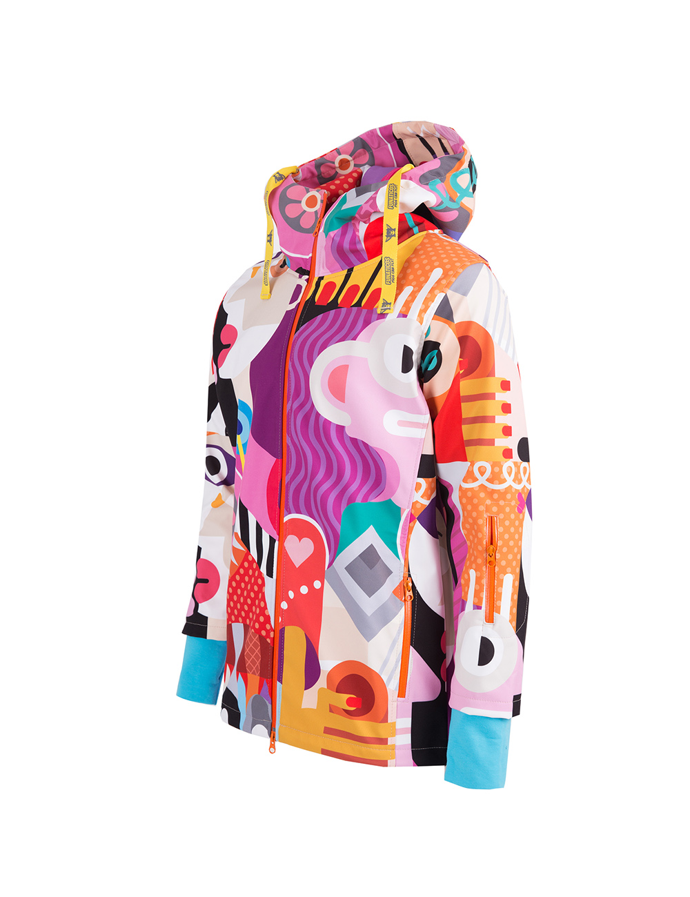 Rozpinana, softshellowa kurtka z kapturem w kubistyczne, kolorowe wzory.