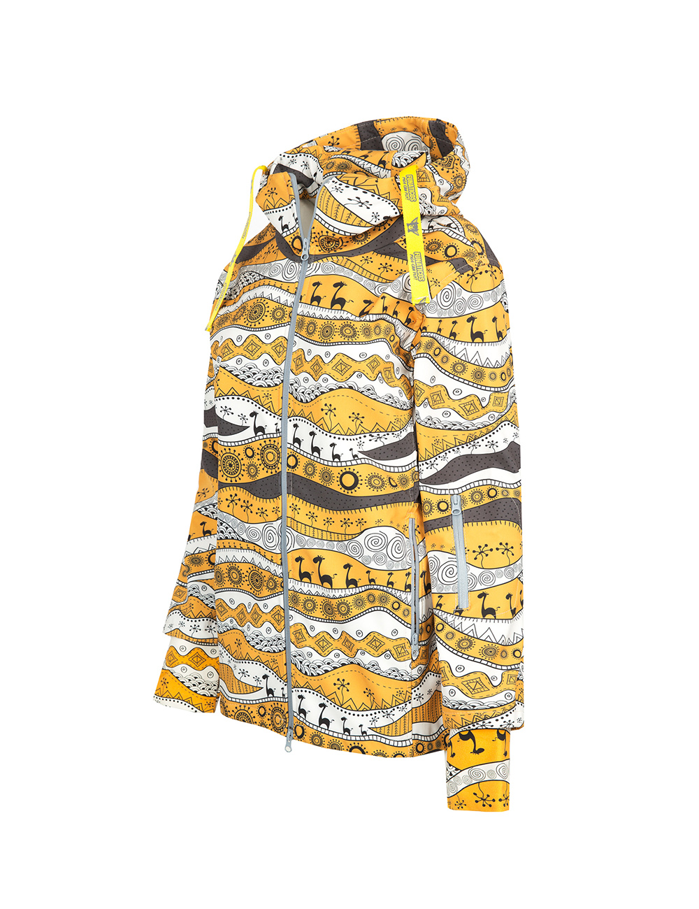 Rozpinana, softshellowa kurtka z kapturem w afrykańskie szaro-musztardowe wzory etniczne.